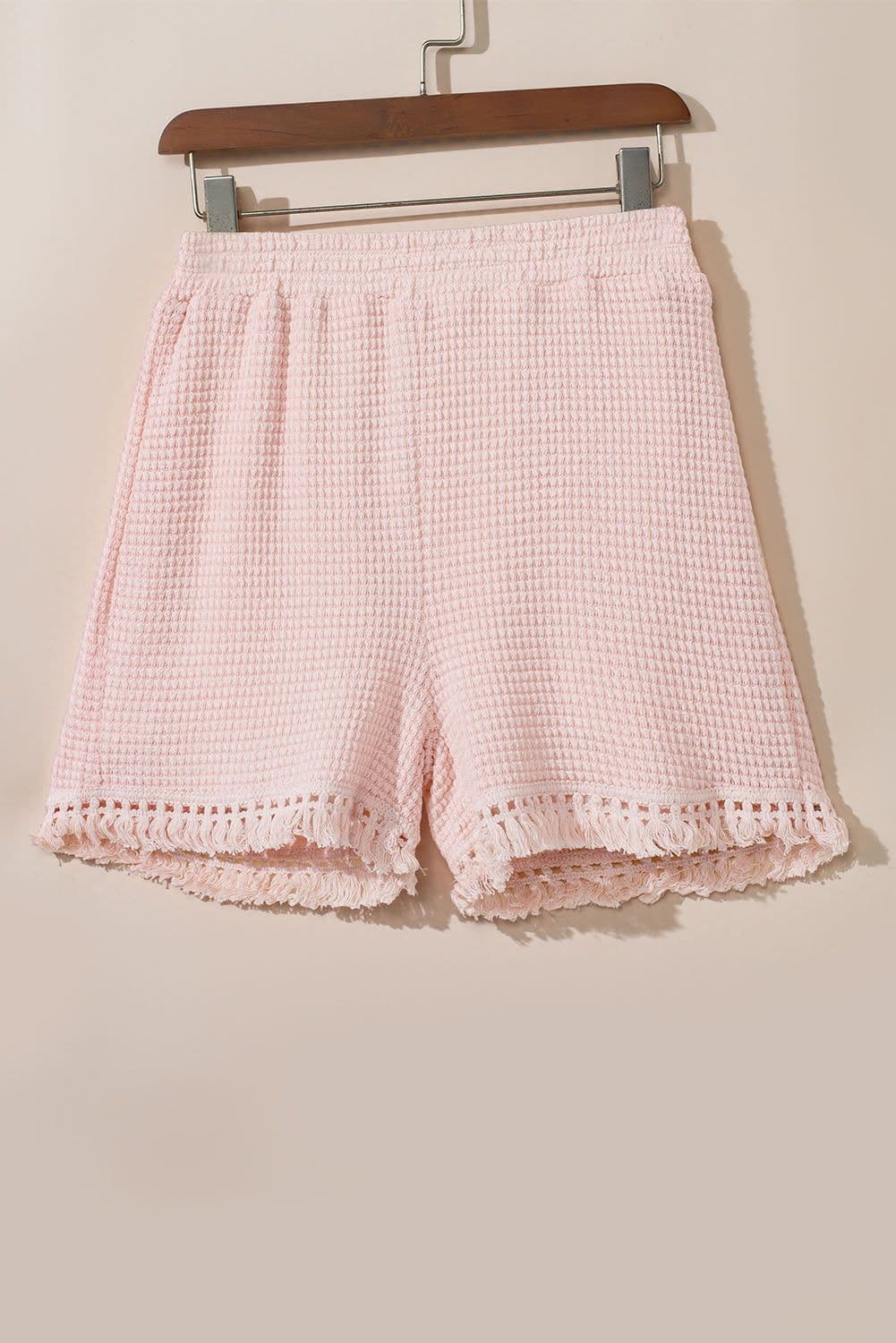 image-Beige Fringe Trim Textured Short Two Piece Set