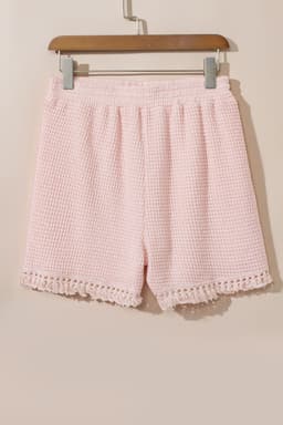 image-Beige Fringe Trim Textured Short Two Piece Set