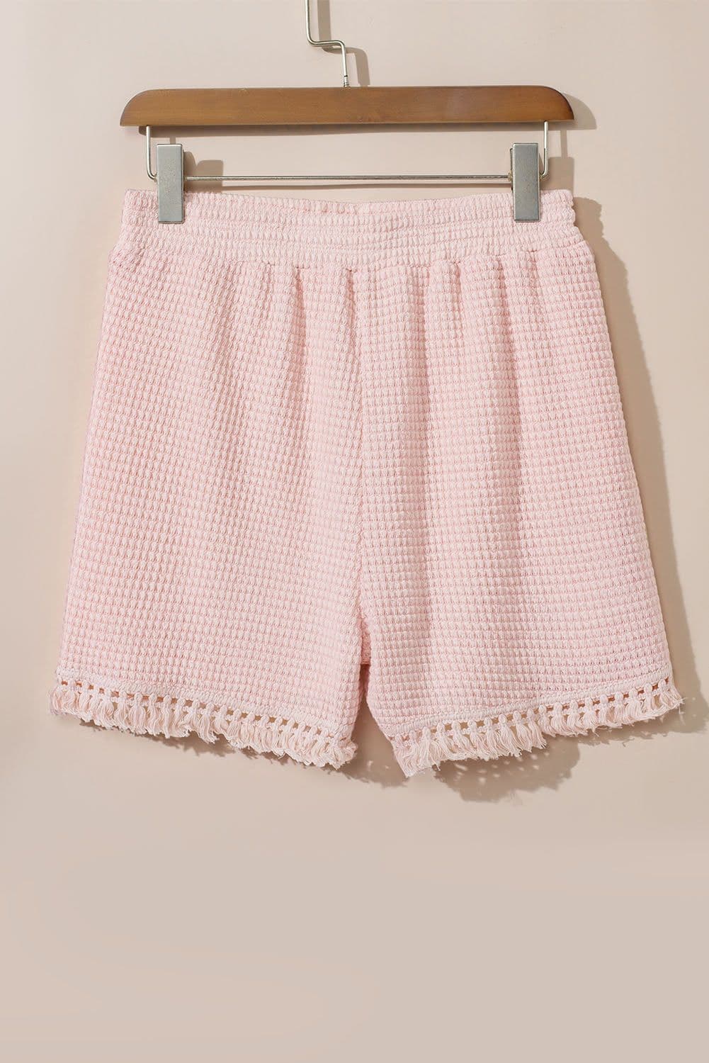 image-Beige Fringe Trim Textured Short Two Piece Set