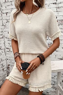 image-Beige Fringe Trim Textured Short Two Piece Set