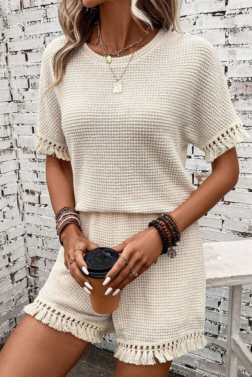 image-Beige Fringe Trim Textured Short Two Piece Set