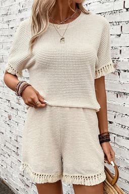 image-Beige Fringe Trim Textured Short Two Piece Set