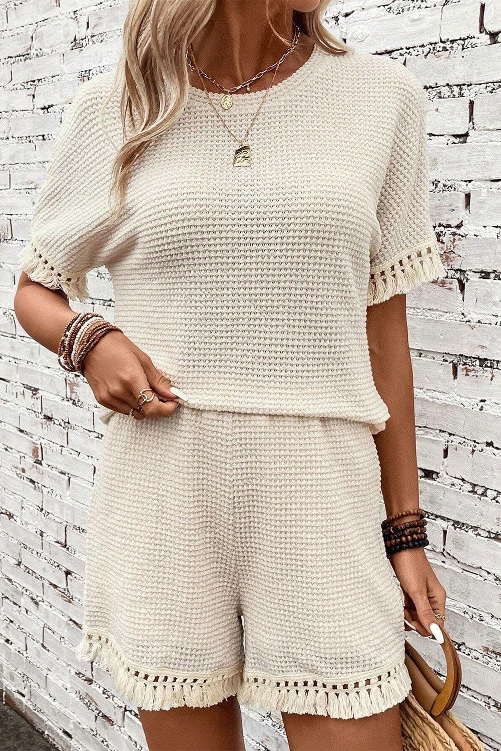 image-Beige Fringe Trim Textured Short Two Piece Set