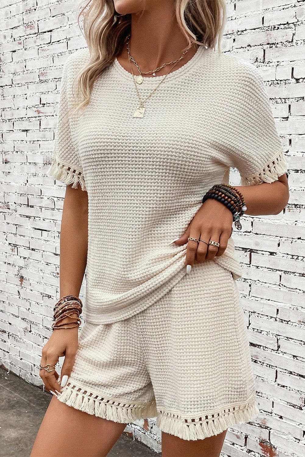 image-Beige Fringe Trim Textured Short Two Piece Set