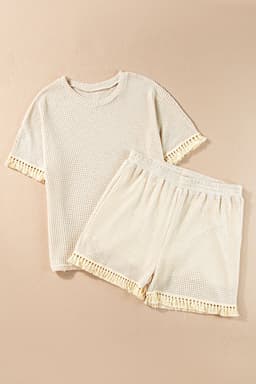 image-Beige Fringe Trim Textured Short Two Piece Set