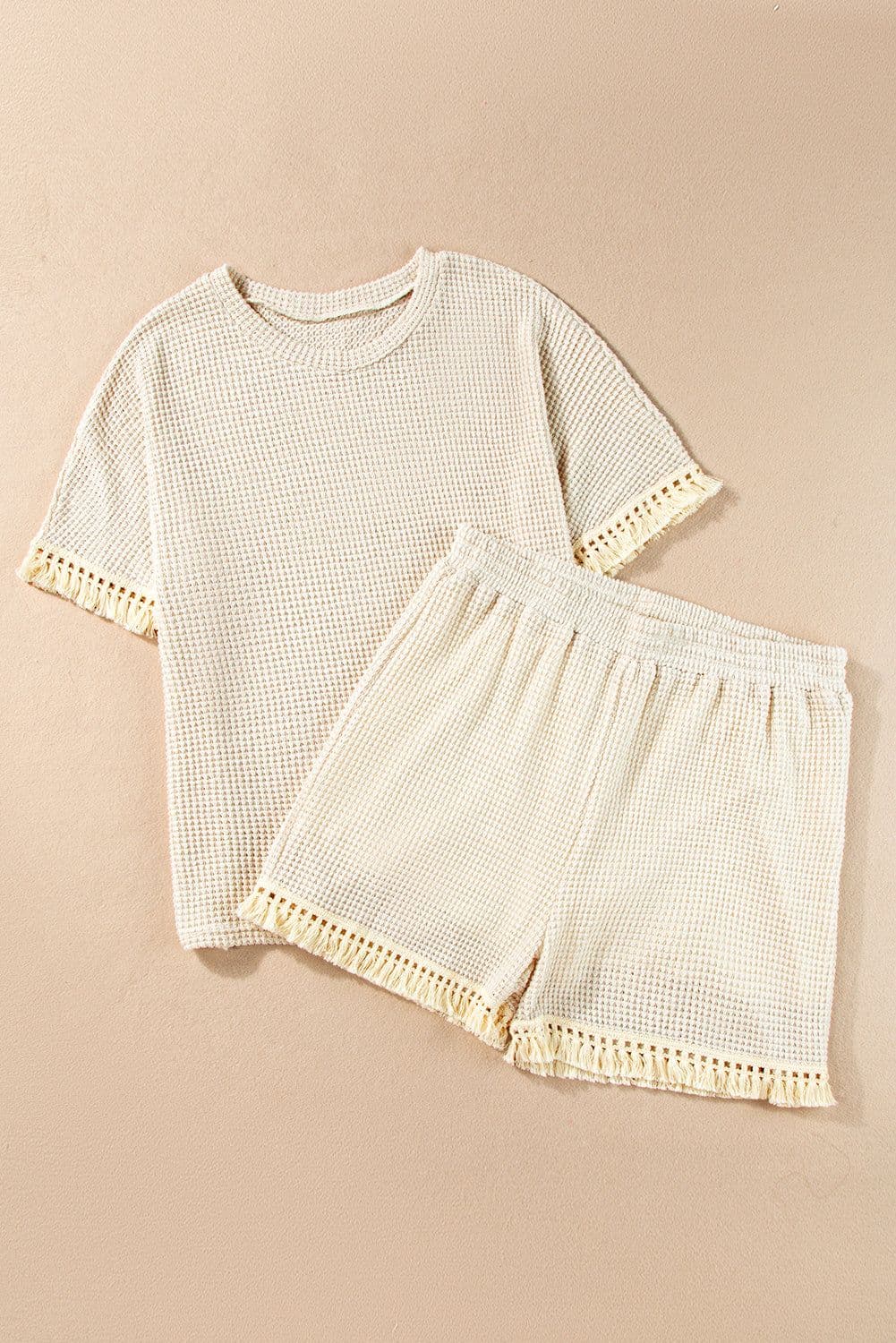 image-Beige Fringe Trim Textured Short Two Piece Set