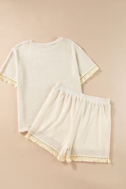 image-Beige Fringe Trim Textured Short Two Piece Set