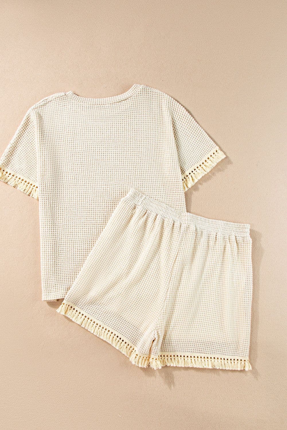 image-Beige Fringe Trim Textured Short Two Piece Set