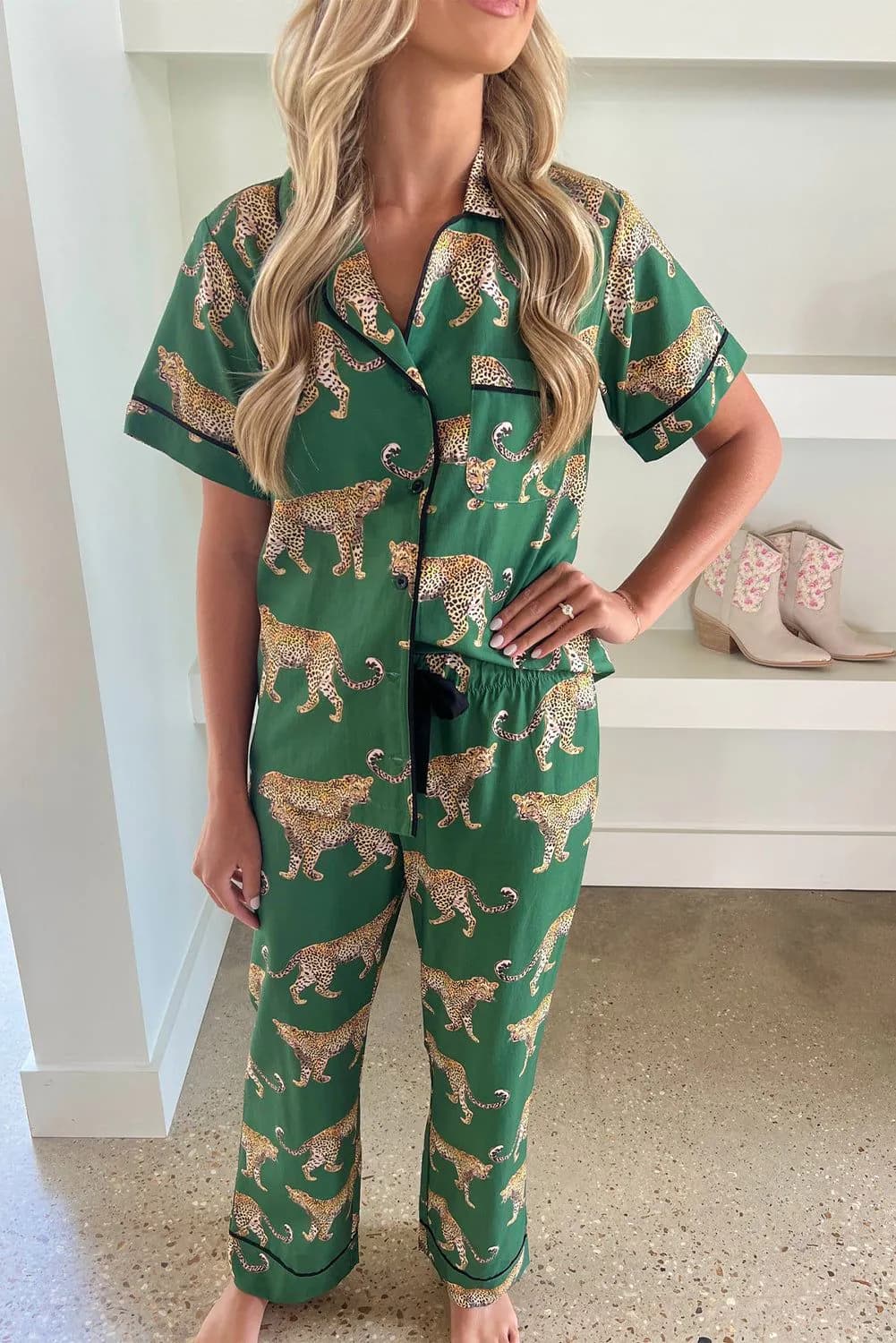 image-Green Cheetah Print Short Sleeve Shirt and Pants Pajama Set