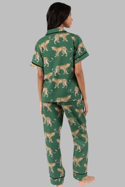 image-Green Cheetah Print Short Sleeve Shirt and Pants Pajama Set