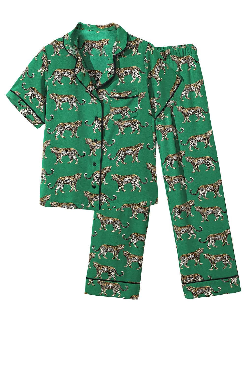 image-Green Cheetah Print Short Sleeve Shirt and Pants Pajama Set