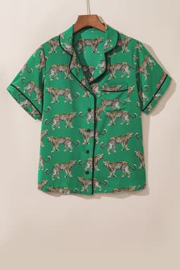 image-Green Cheetah Print Short Sleeve Shirt and Pants Pajama Set