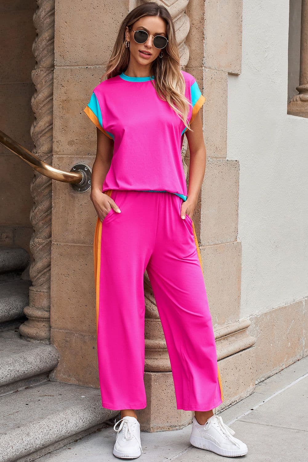 image-Strawberry Pink Color Block Detail Casual Two-piece Set