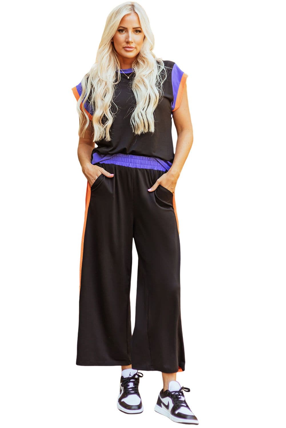 image-Strawberry Pink Color Block Detail Casual Two-piece Set