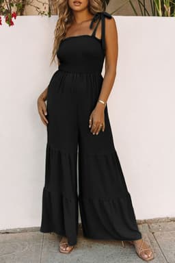 image-Apricot Tie Straps Shirred Bodice Tiered Wide Leg Jumpsuit