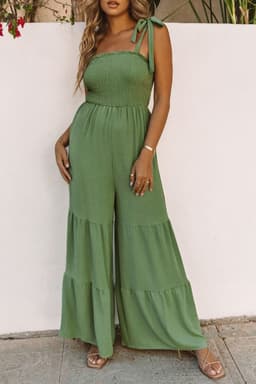 image-Apricot Tie Straps Shirred Bodice Tiered Wide Leg Jumpsuit