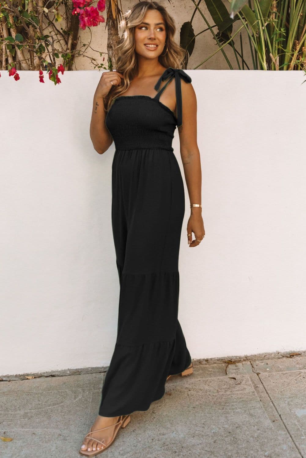 image-Apricot Tie Straps Shirred Bodice Tiered Wide Leg Jumpsuit