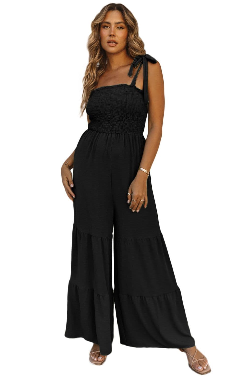 image-Apricot Tie Straps Shirred Bodice Tiered Wide Leg Jumpsuit