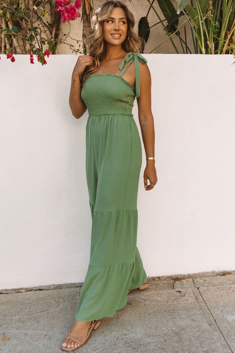 image-Apricot Tie Straps Shirred Bodice Tiered Wide Leg Jumpsuit