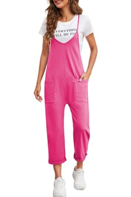 image-Rose Red Black Pocketed Adjustable Spaghetti Strap Straight Leg Jumpsuit