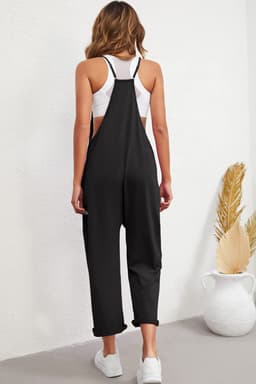 image-Rose Red Black Pocketed Adjustable Spaghetti Strap Straight Leg Jumpsuit