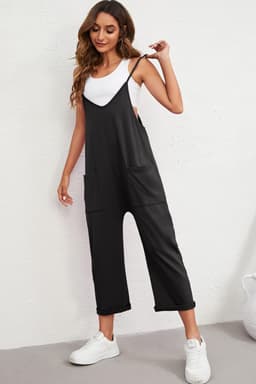 image-Rose Red Black Pocketed Adjustable Spaghetti Strap Straight Leg Jumpsuit