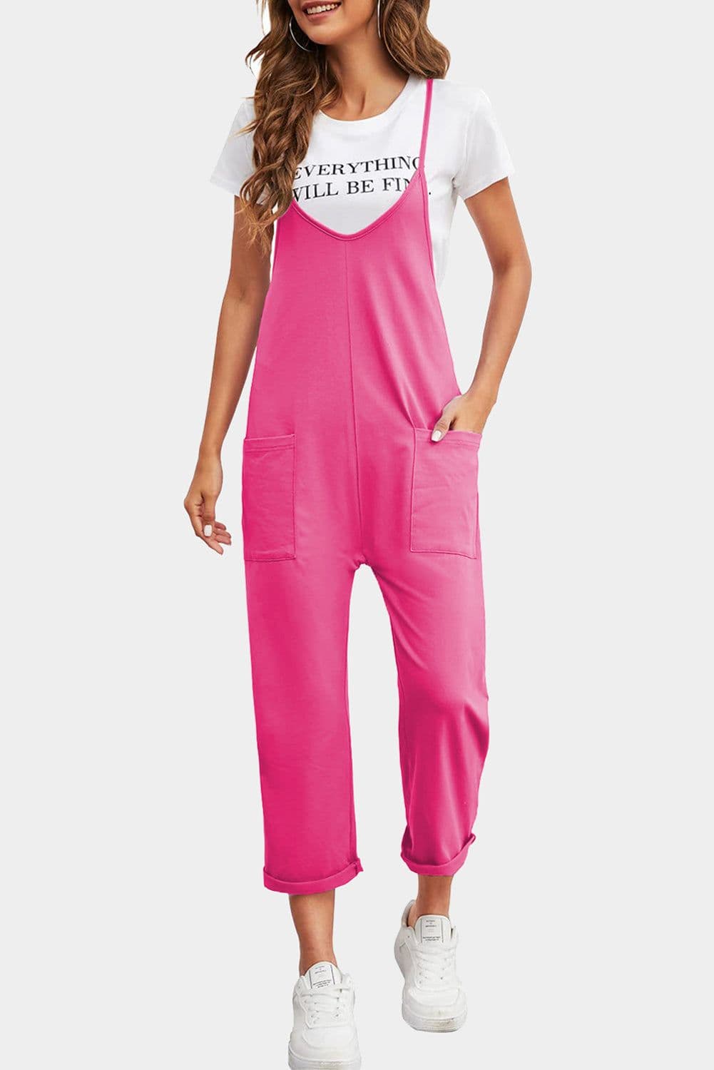 image-Rose Red Black Pocketed Adjustable Spaghetti Strap Straight Leg Jumpsuit