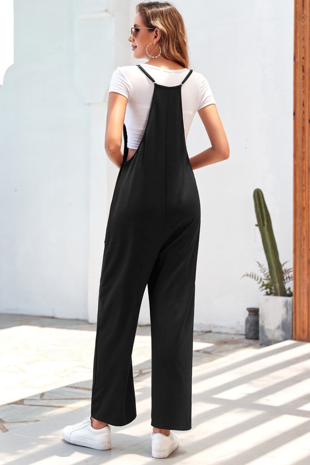 image-Rose Red Black Pocketed Adjustable Spaghetti Strap Straight Leg Jumpsuit
