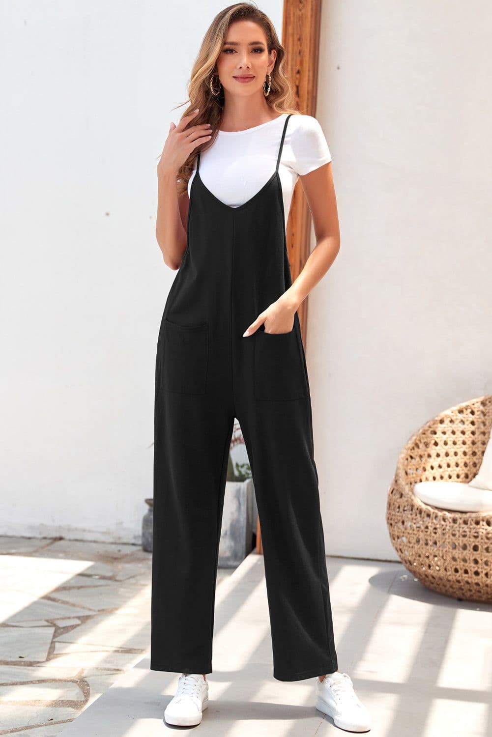 image-Rose Red Black Pocketed Adjustable Spaghetti Strap Straight Leg Jumpsuit
