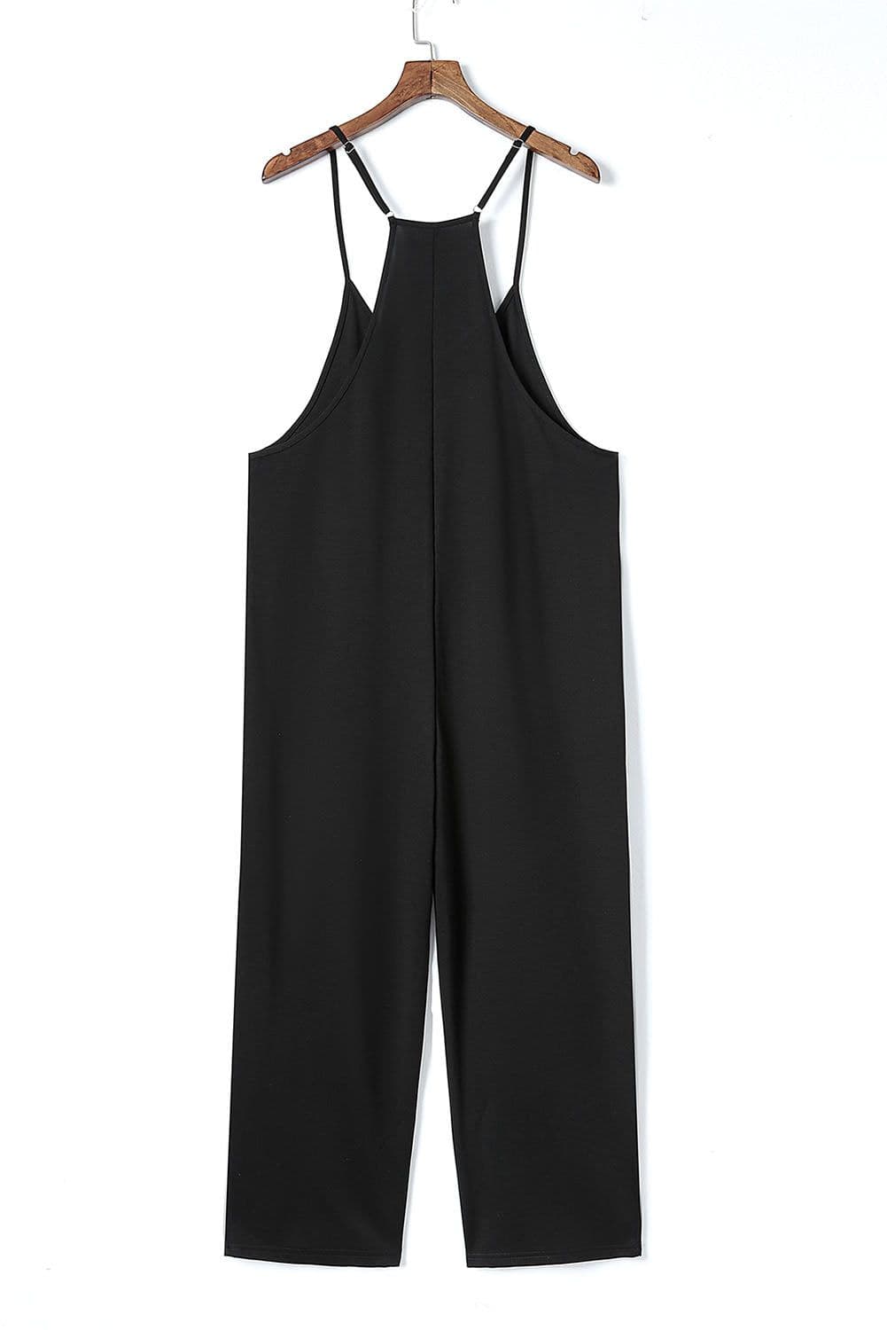 image-Rose Red Black Pocketed Adjustable Spaghetti Strap Straight Leg Jumpsuit