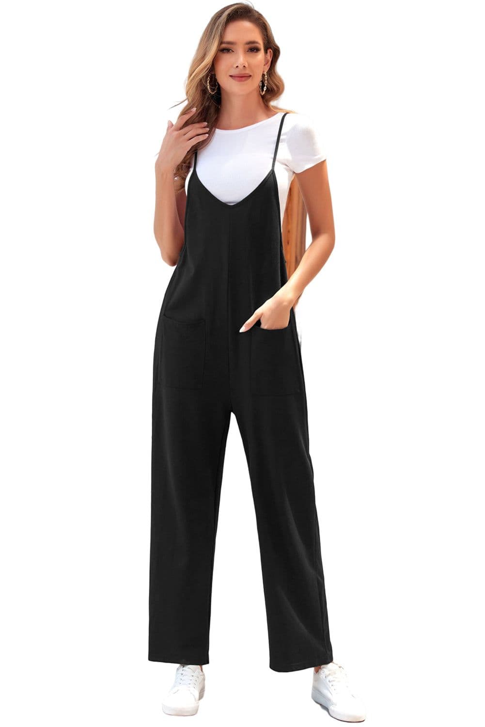 image-Rose Red Black Pocketed Adjustable Spaghetti Strap Straight Leg Jumpsuit