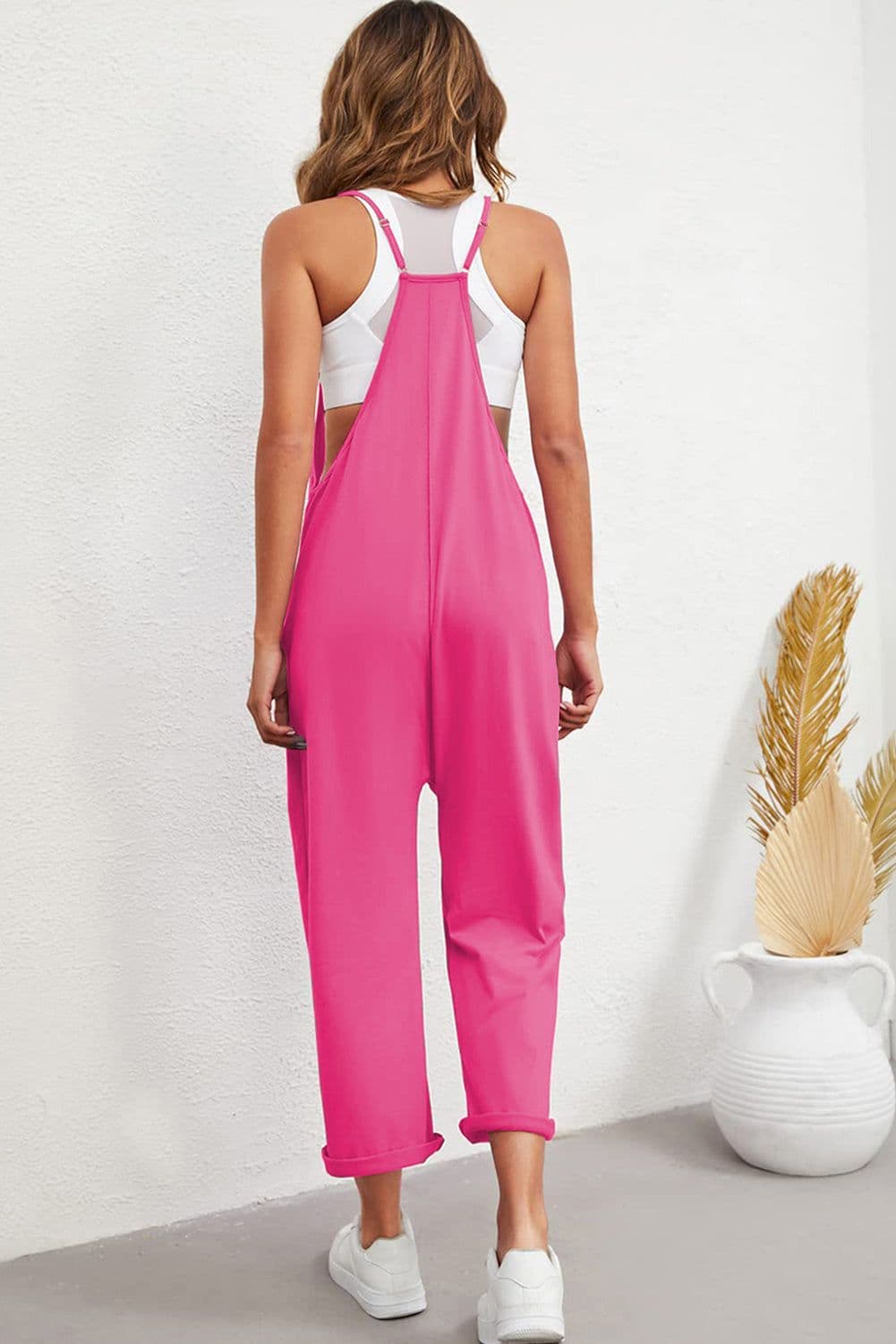 image-Rose Red Black Pocketed Adjustable Spaghetti Strap Straight Leg Jumpsuit