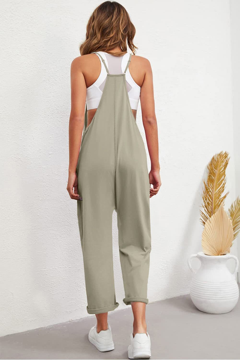 image-Rose Red Black Pocketed Adjustable Spaghetti Strap Straight Leg Jumpsuit