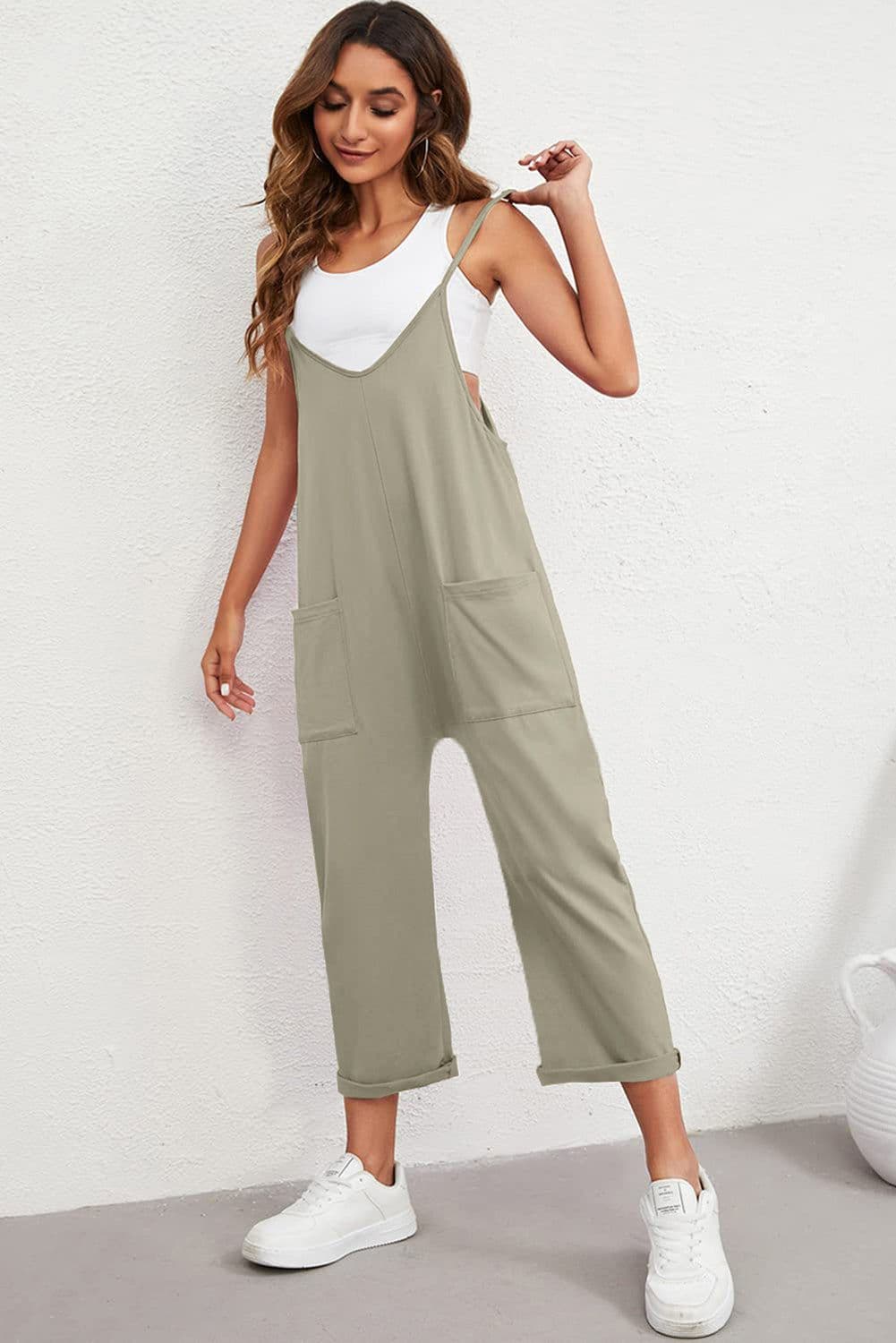 image-Rose Red Black Pocketed Adjustable Spaghetti Strap Straight Leg Jumpsuit
