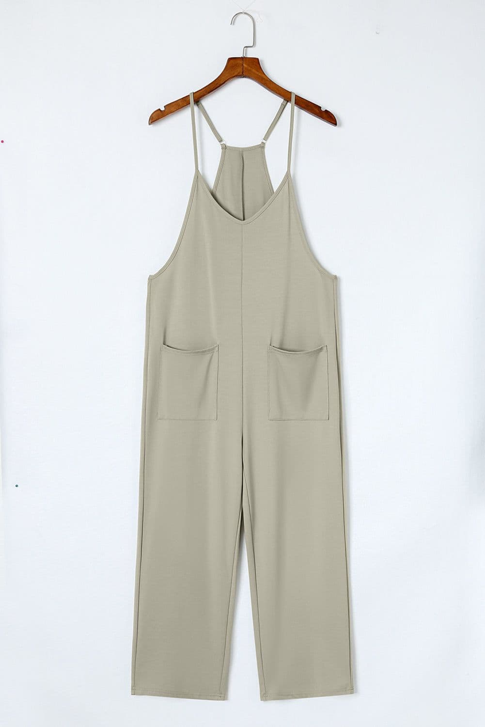 image-Rose Red Black Pocketed Adjustable Spaghetti Strap Straight Leg Jumpsuit