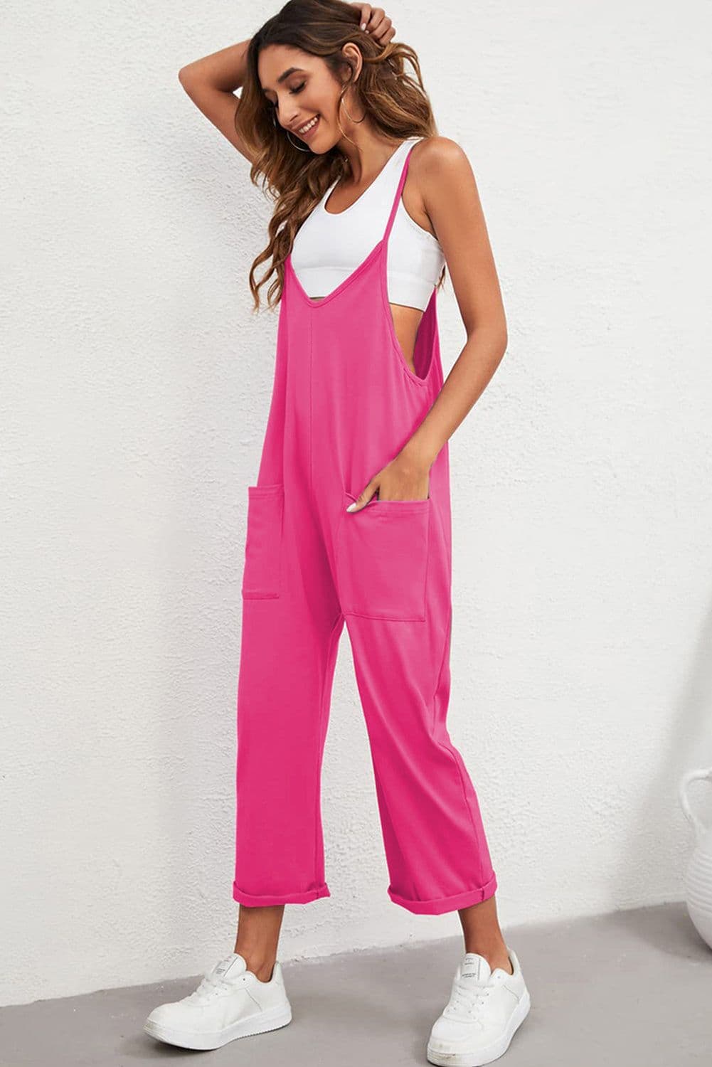 image-Rose Red Black Pocketed Adjustable Spaghetti Strap Straight Leg Jumpsuit