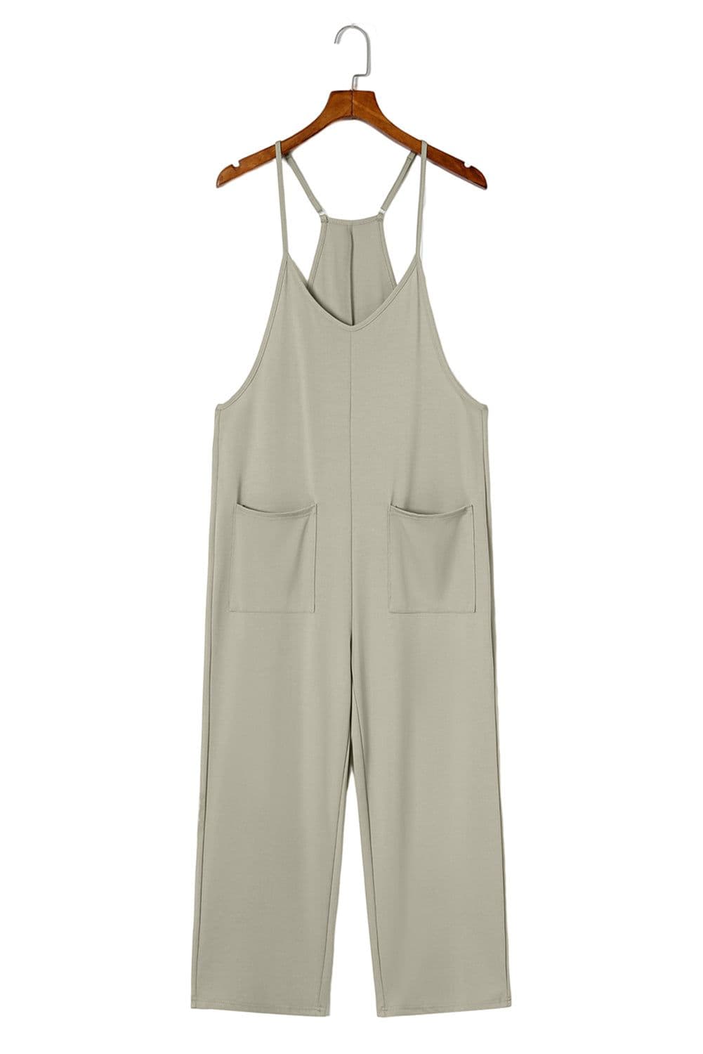 image-Rose Red Black Pocketed Adjustable Spaghetti Strap Straight Leg Jumpsuit