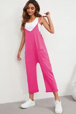 image-Rose Red Black Pocketed Adjustable Spaghetti Strap Straight Leg Jumpsuit