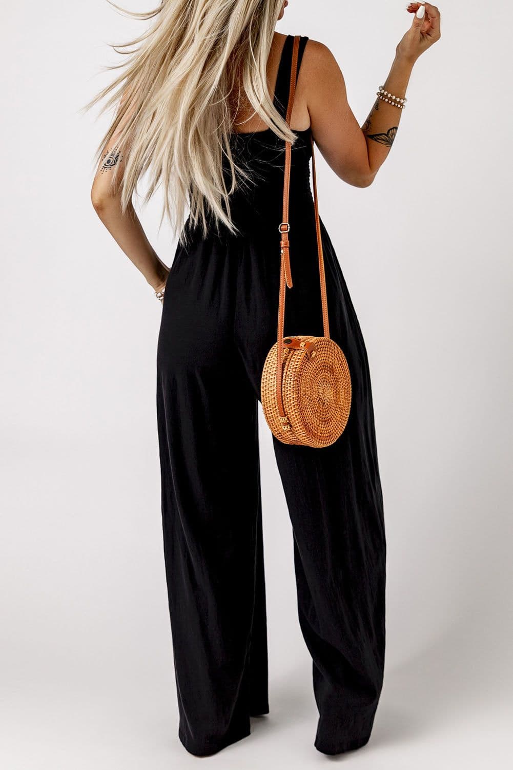 image-Black Smocked Sleeveless Wide Leg Jumpsuit with Pockets