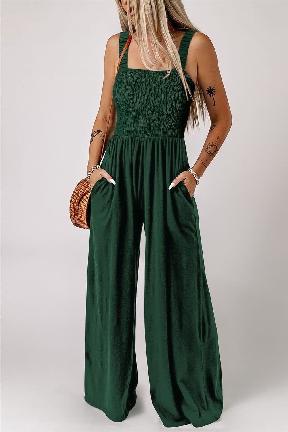 image-Black Smocked Sleeveless Wide Leg Jumpsuit with Pockets