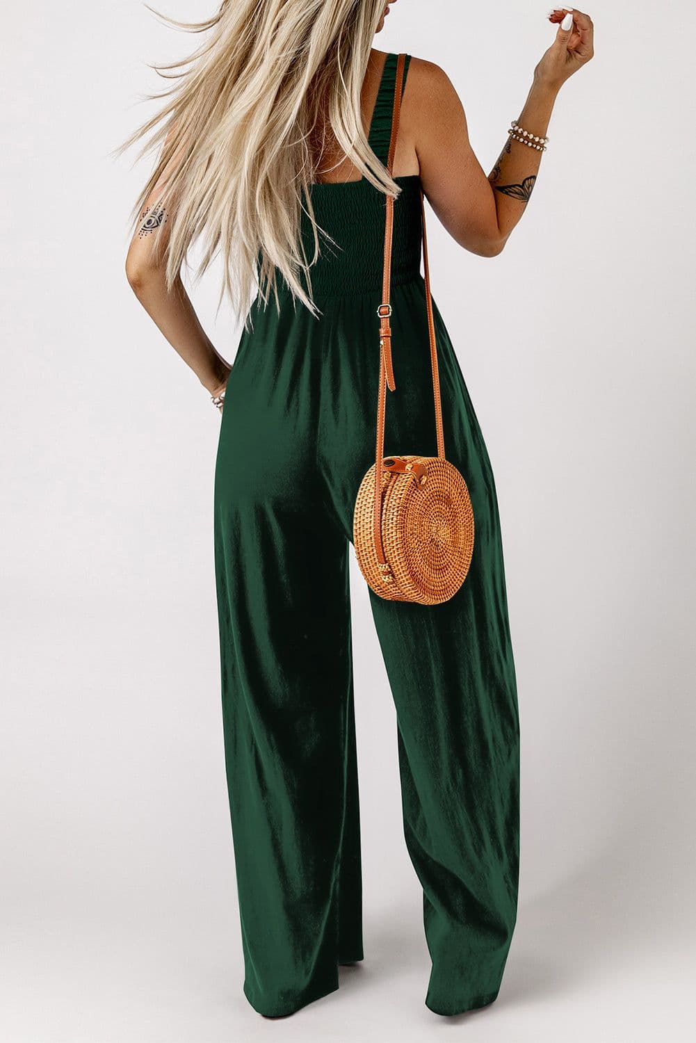 image-Black Smocked Sleeveless Wide Leg Jumpsuit with Pockets
