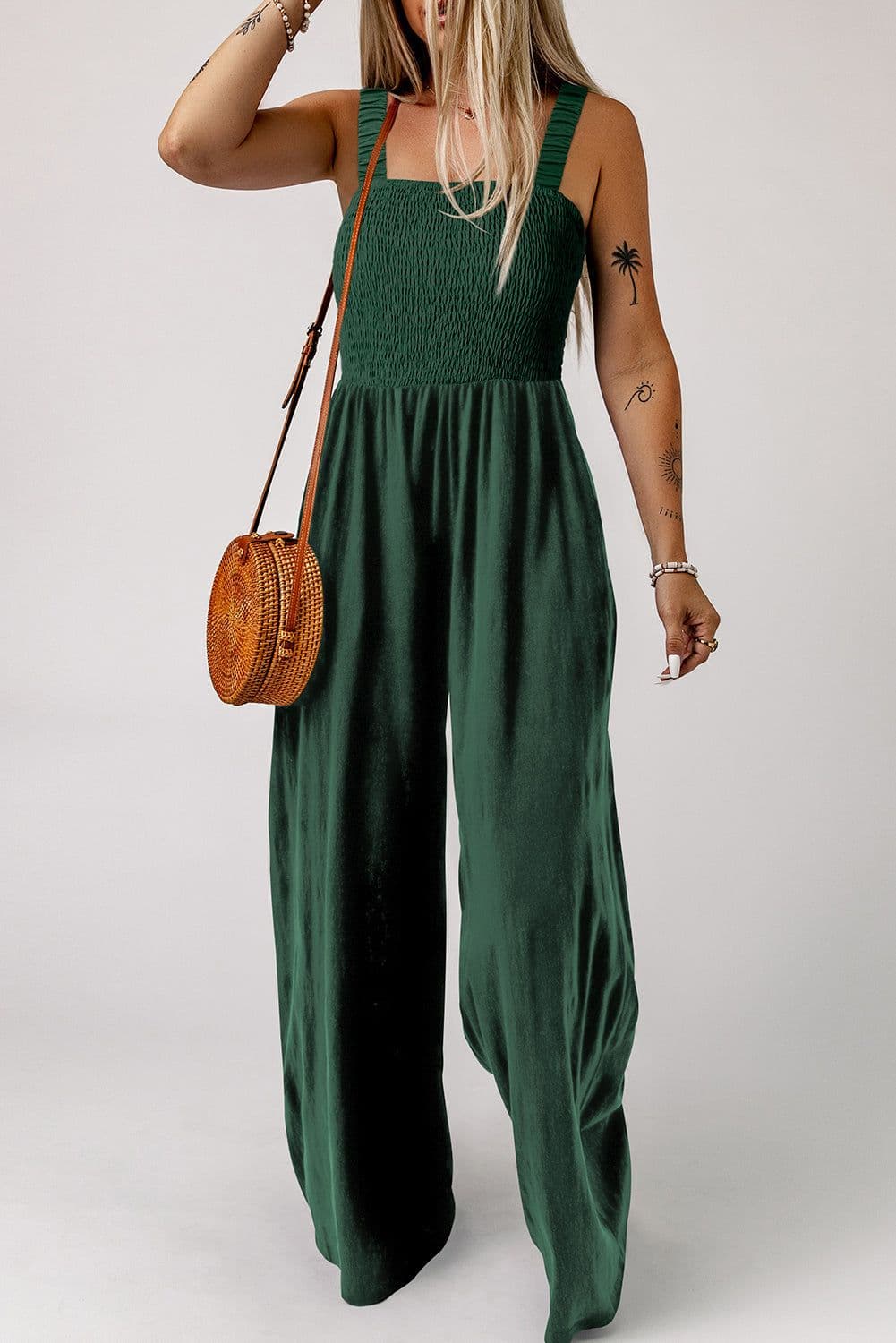 image-Black Smocked Sleeveless Wide Leg Jumpsuit with Pockets