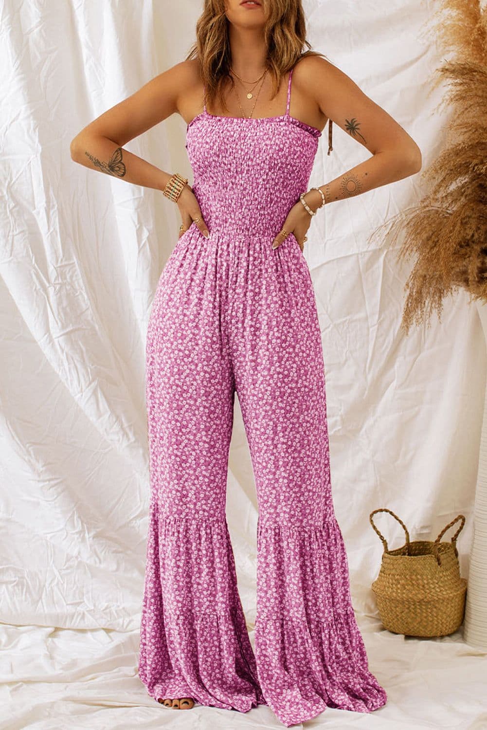 image-Dusk Blue Thin Straps Smocked Bodice Wide Leg Floral Jumpsuit
