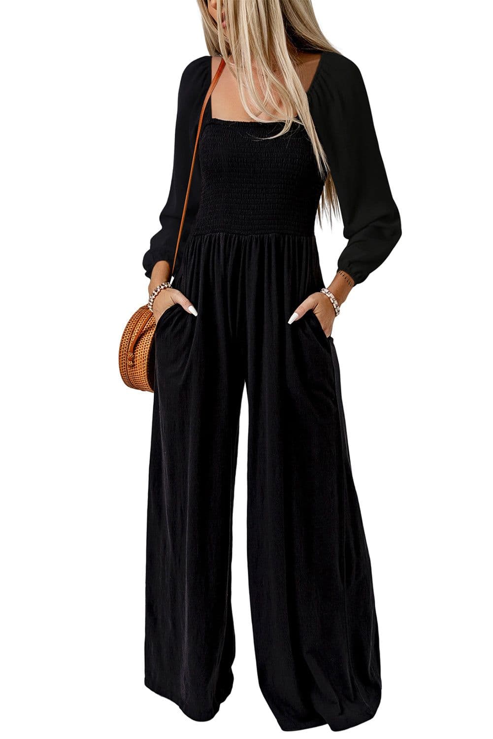 image-Black Smocked Square Neck Long Sleeve Wide Leg Jumpsuit