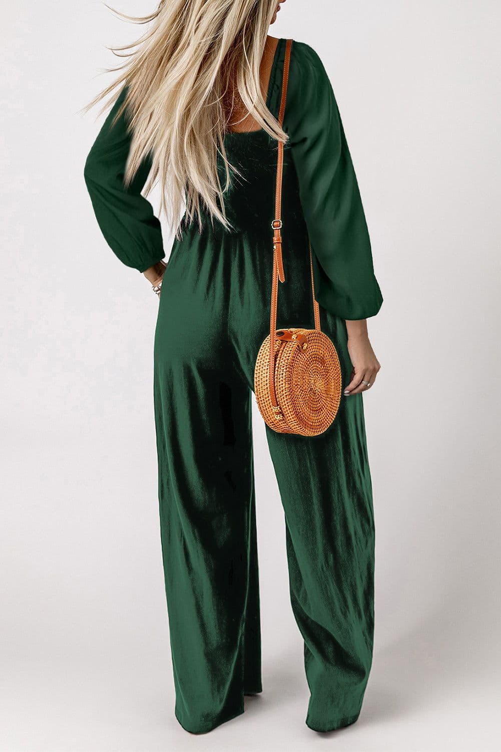 image-Black Smocked Square Neck Long Sleeve Wide Leg Jumpsuit