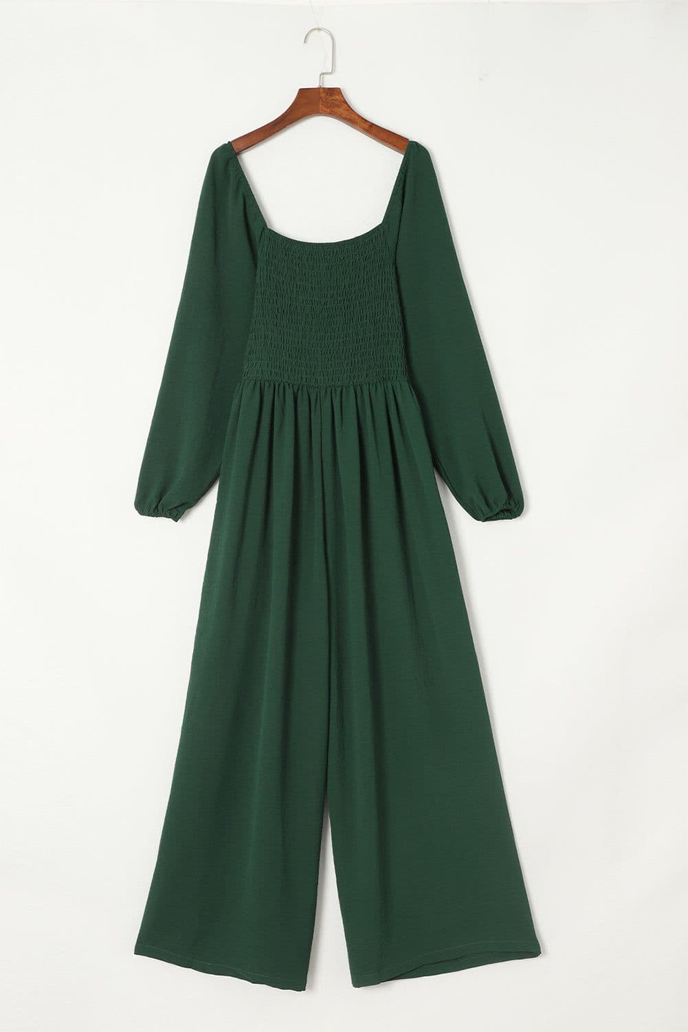 image-Black Smocked Square Neck Long Sleeve Wide Leg Jumpsuit