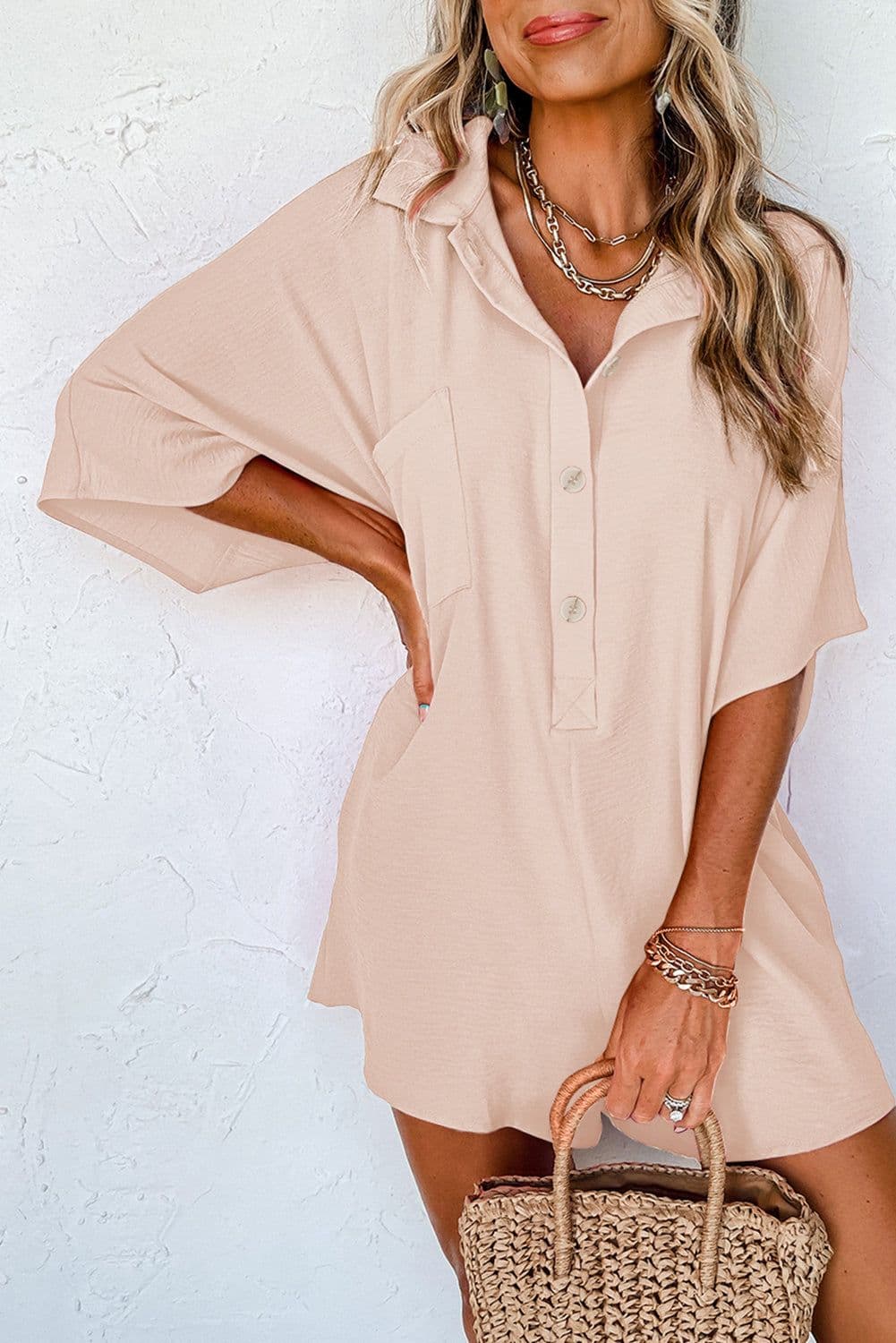image-Black Half Button Collared Loose Romper