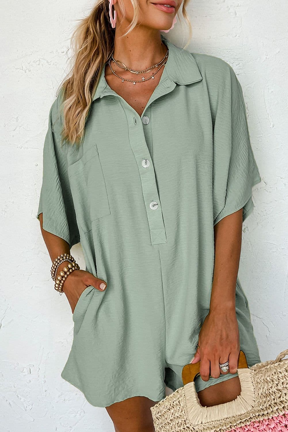 image-Black Half Button Collared Loose Romper