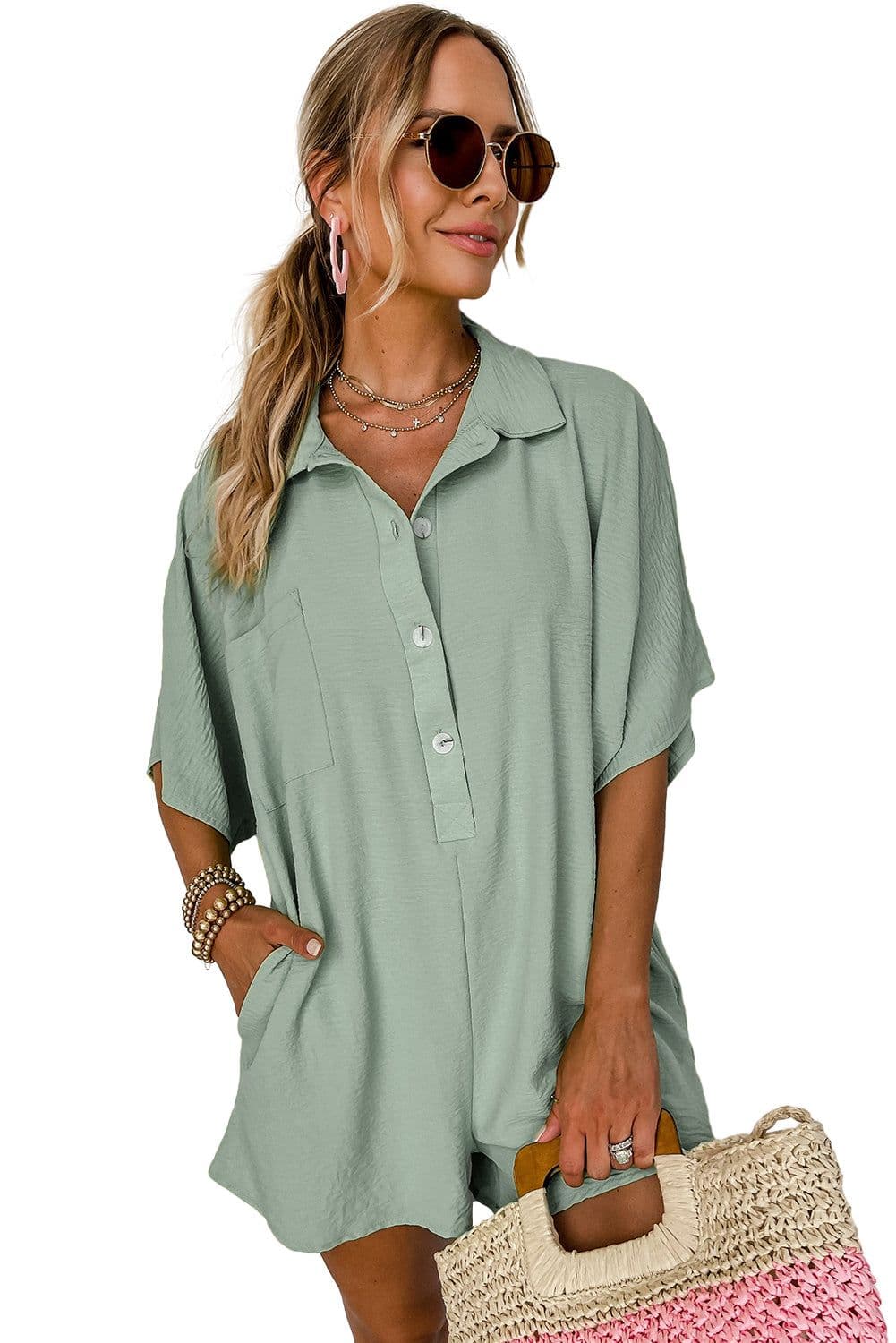 image-Black Half Button Collared Loose Romper