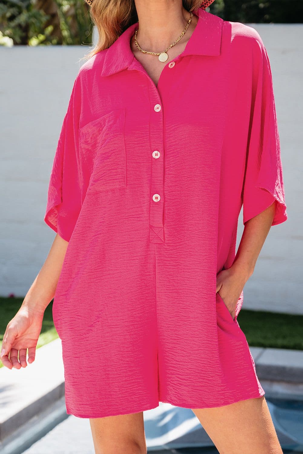 image-Black Half Button Collared Loose Romper
